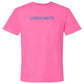 A bright pink short-sleeve crewneck t-shirt with the word 'LONGSTRETH' printed in a dusty purple-blue font across the chest, displayed on a solid white background.