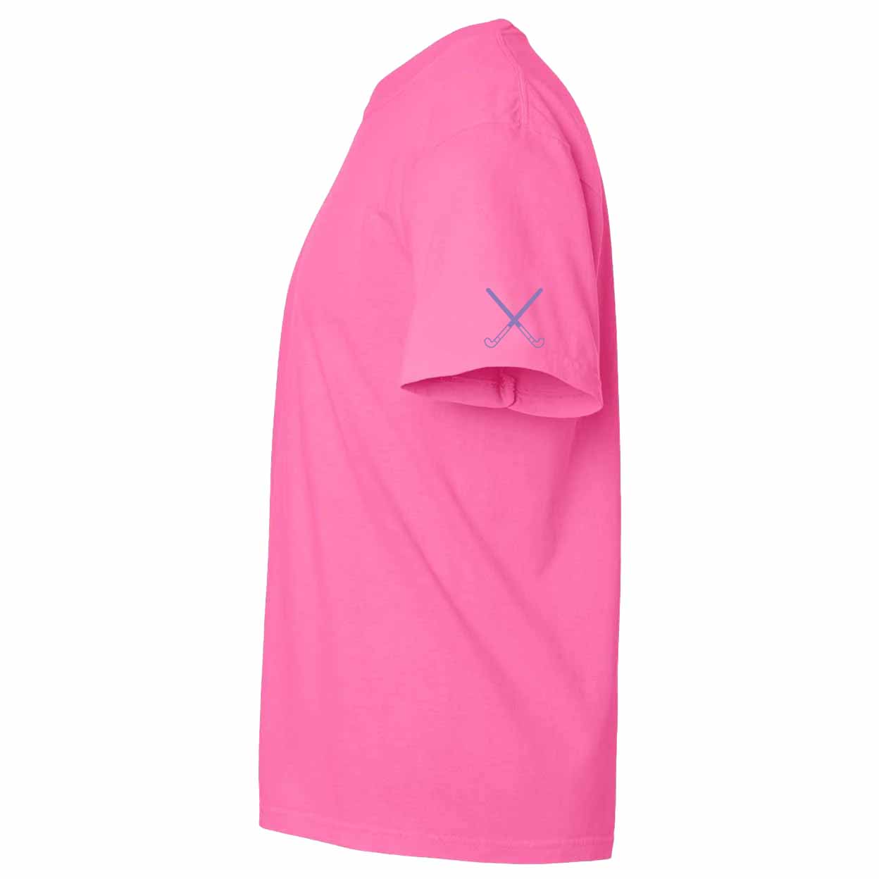 A bright pink short-sleeve t-shirt shown from a side profile view against a plain white background, featuring a small blue crossed-sticks graphic on the upper left sleeve.