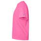 A bright pink short-sleeve t-shirt shown from a side profile view against a plain white background, featuring a small blue crossed-sticks graphic on the upper left sleeve.
