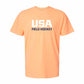 Orange t-shirt with 'USA Field Hockey' text on a white background