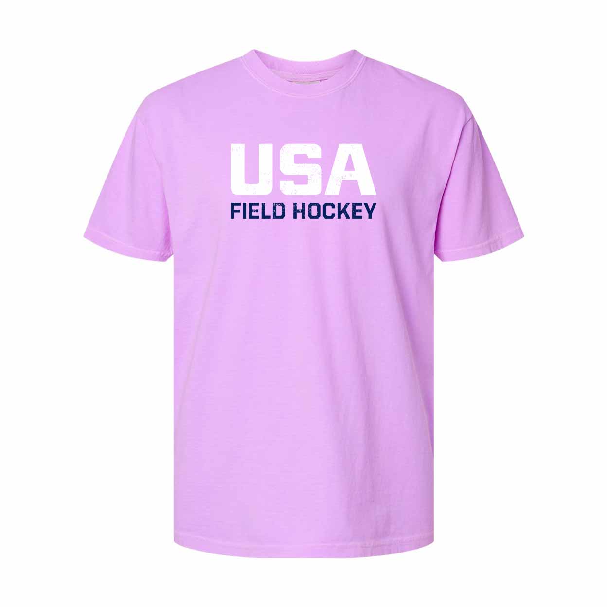 Purple t-shirt with 'USA Field Hockey' text on a white background
