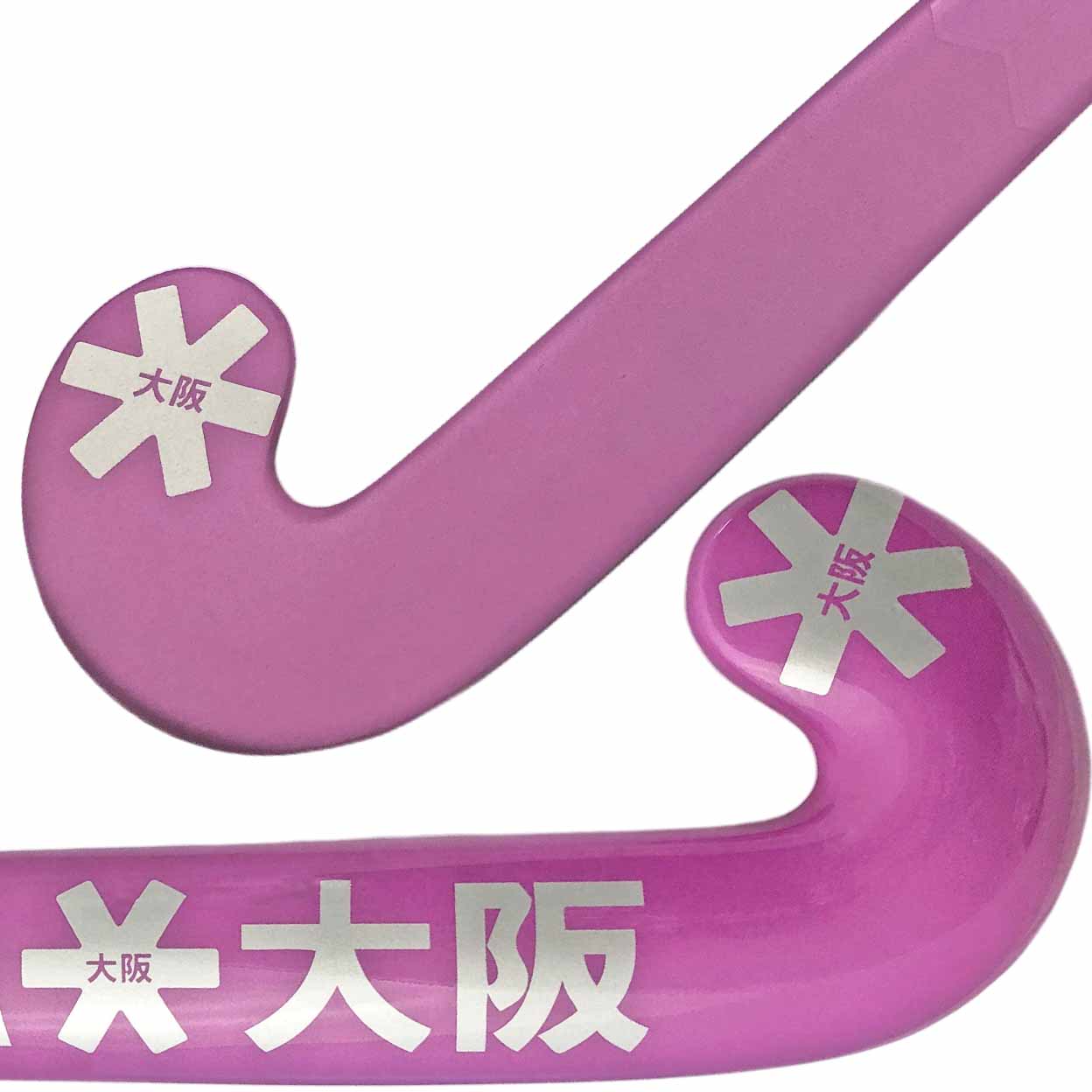 Purple hockey stick with white text on a white background