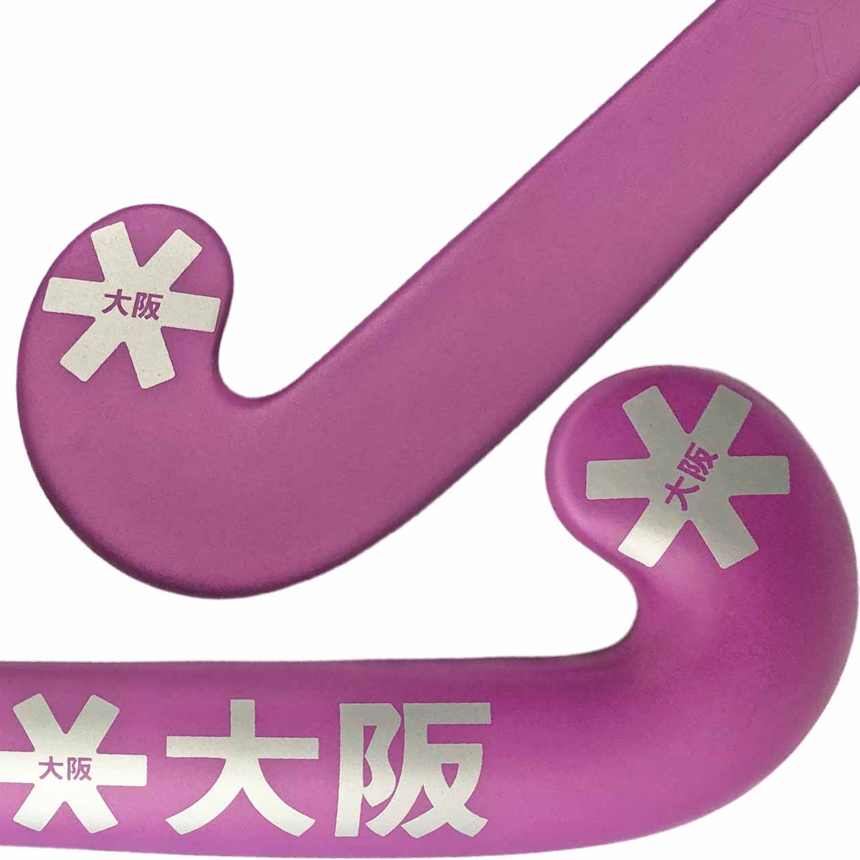 Purple sports equipment handle with white text on a white background