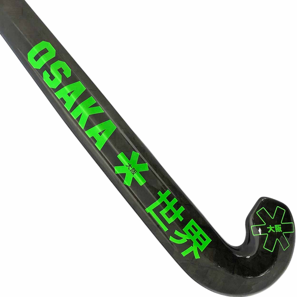 Glossy black field hockey stick with bright green lettering for the Osaka name and logo.