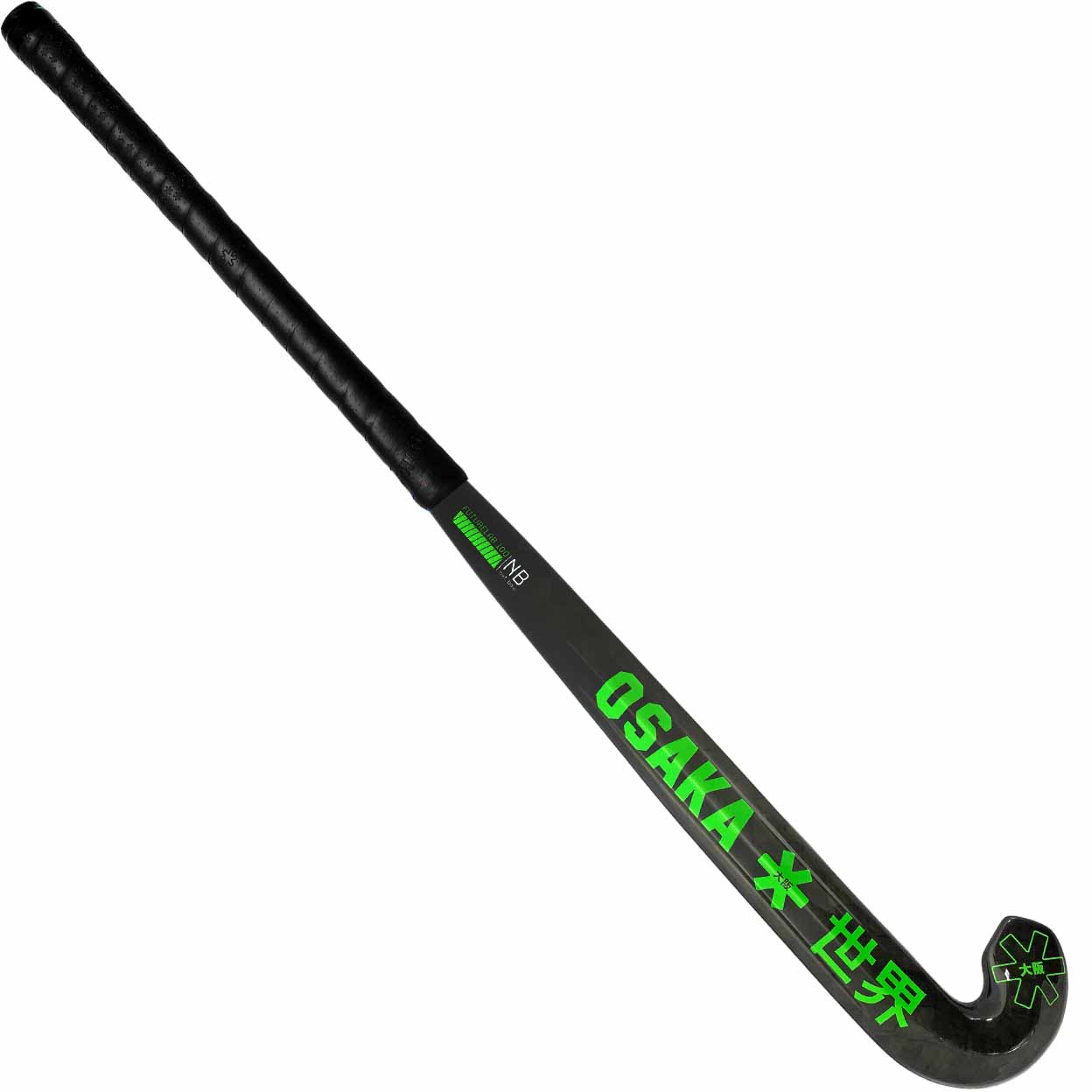 Full back of a Glossy black field hockey stick with bright green lettering for the Osaka name and logo.
