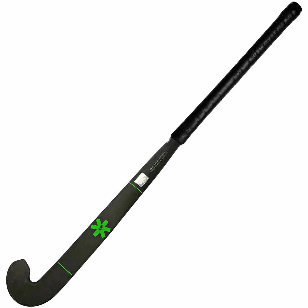 Full front of a Glossy black field hockey stick with bright green lettering for the Osaka name and logo.