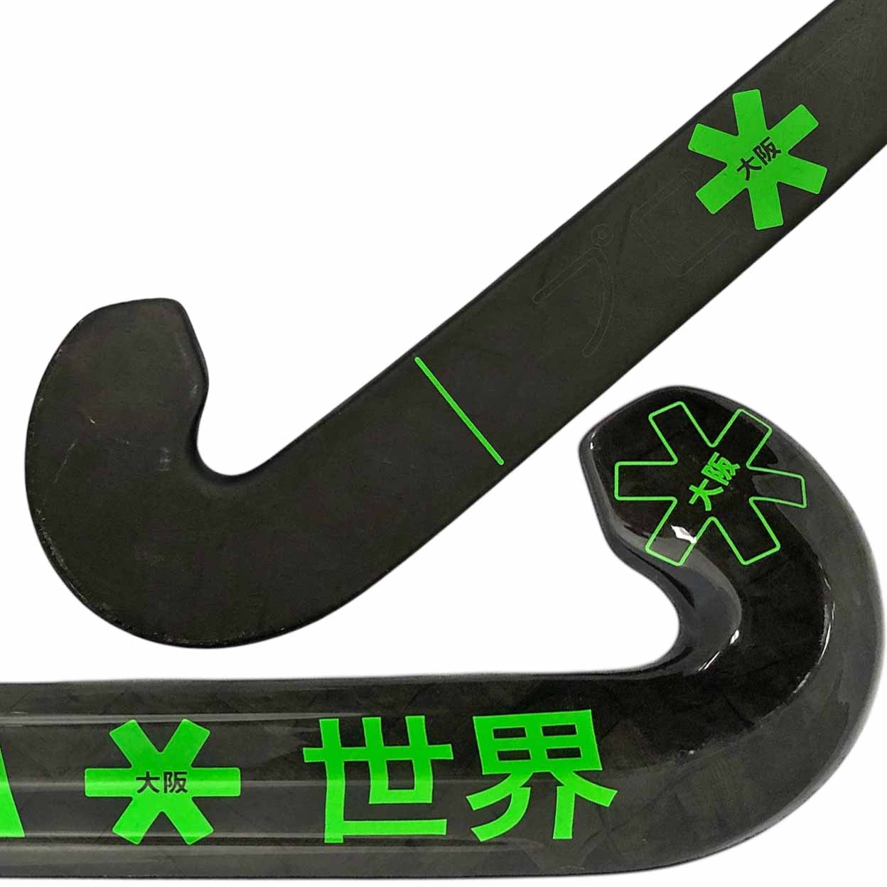 Glossy black field hockey stick with bright green lettering for the Osaka name and logo.