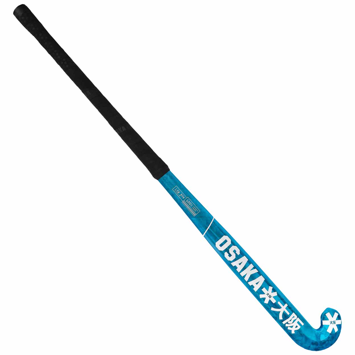 Blue and black Osaka hockey stick on a white background