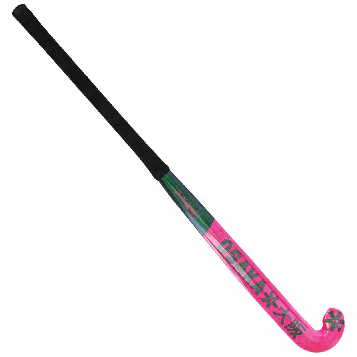 Pink and black hockey stick with brand name on a white background