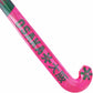 Pink hockey stick with green text and branding on a white background