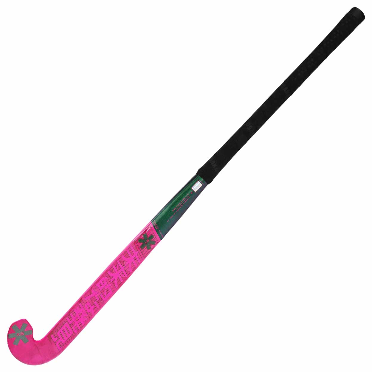 Pink and green field hockey stick on a white background