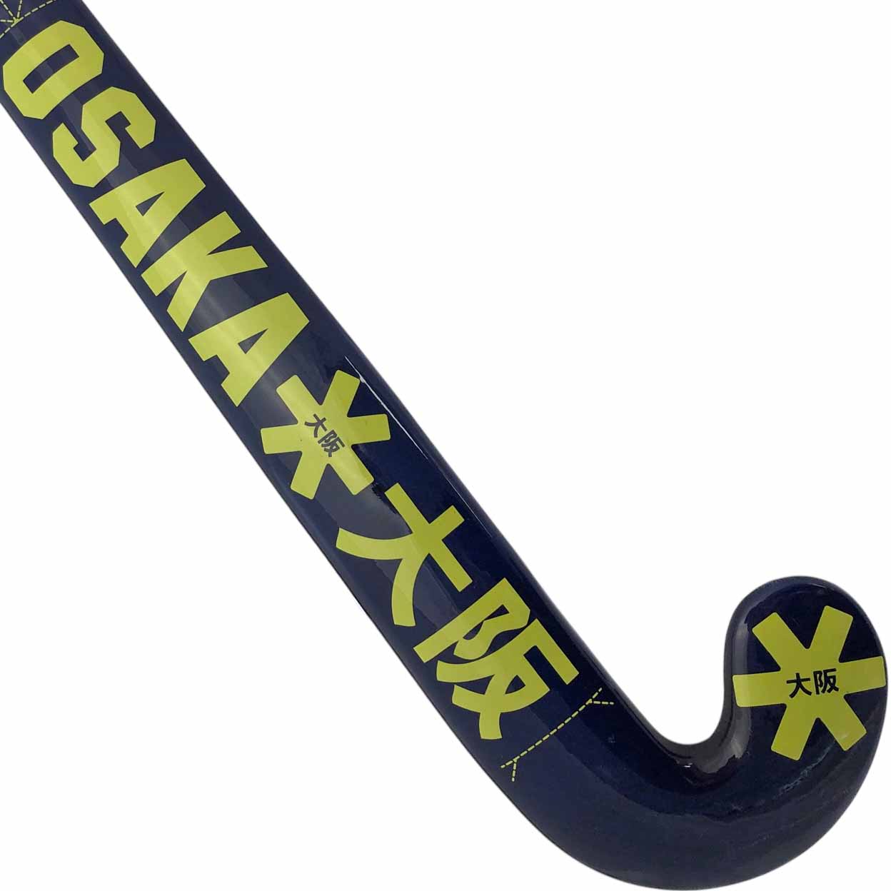 Navy blue and yellow Osaka hockey stick on a white background