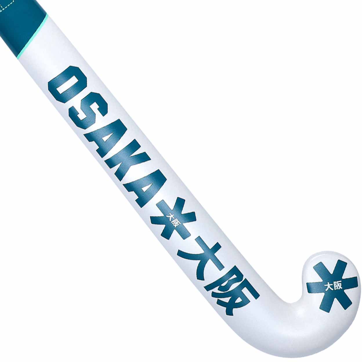 White and blue hockey stick with 'OSAKA' branding on a white background