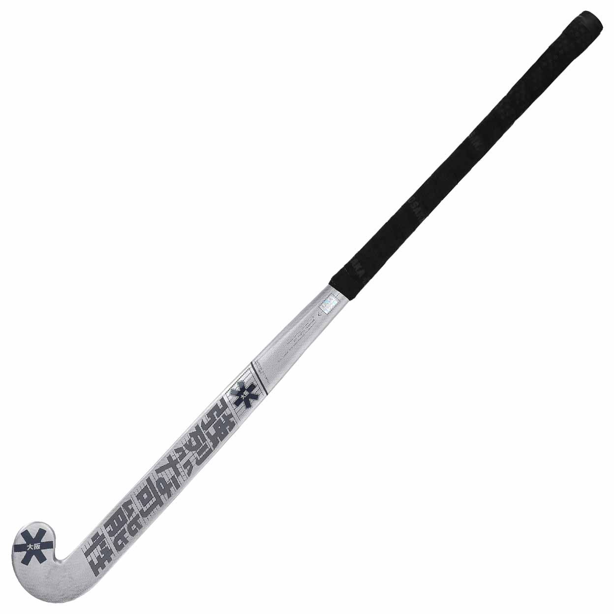 Hockey stick with black and silver design on a white background