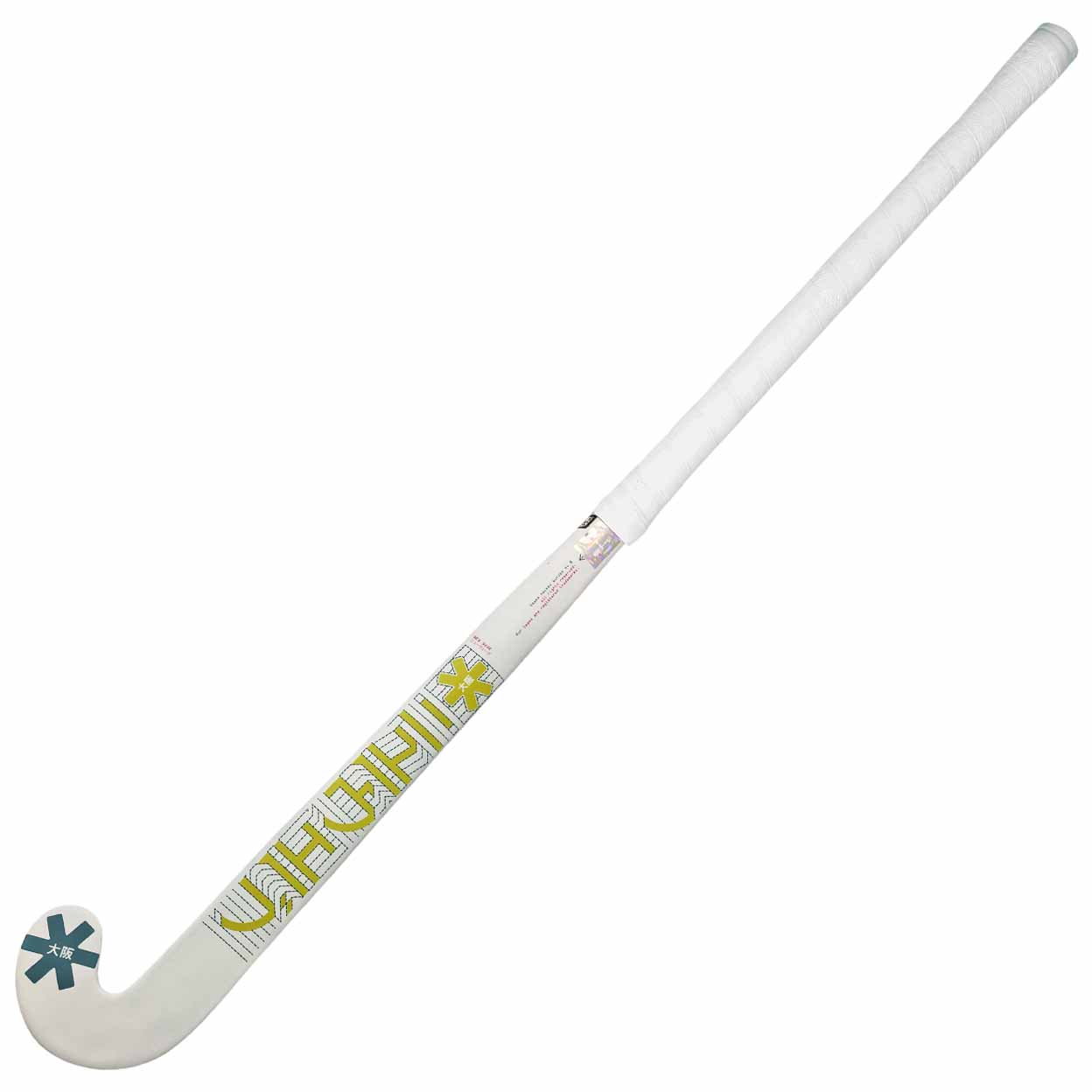 White hockey stick with branding on a white background