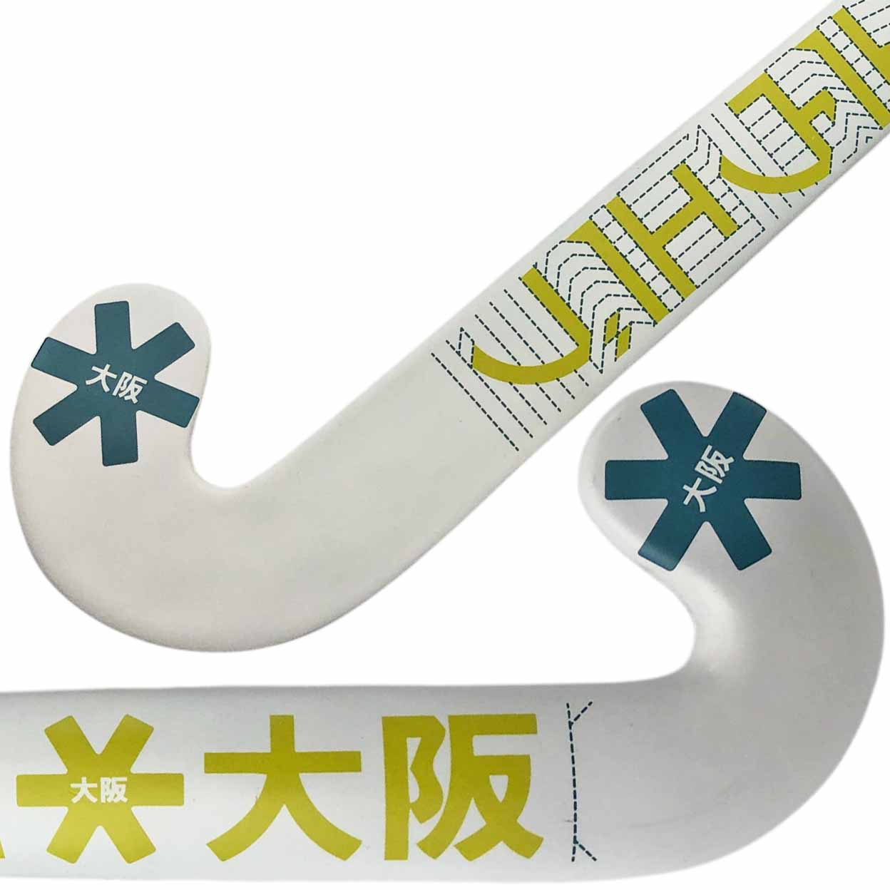 White hockey stick with blue and green accents and text on a white background