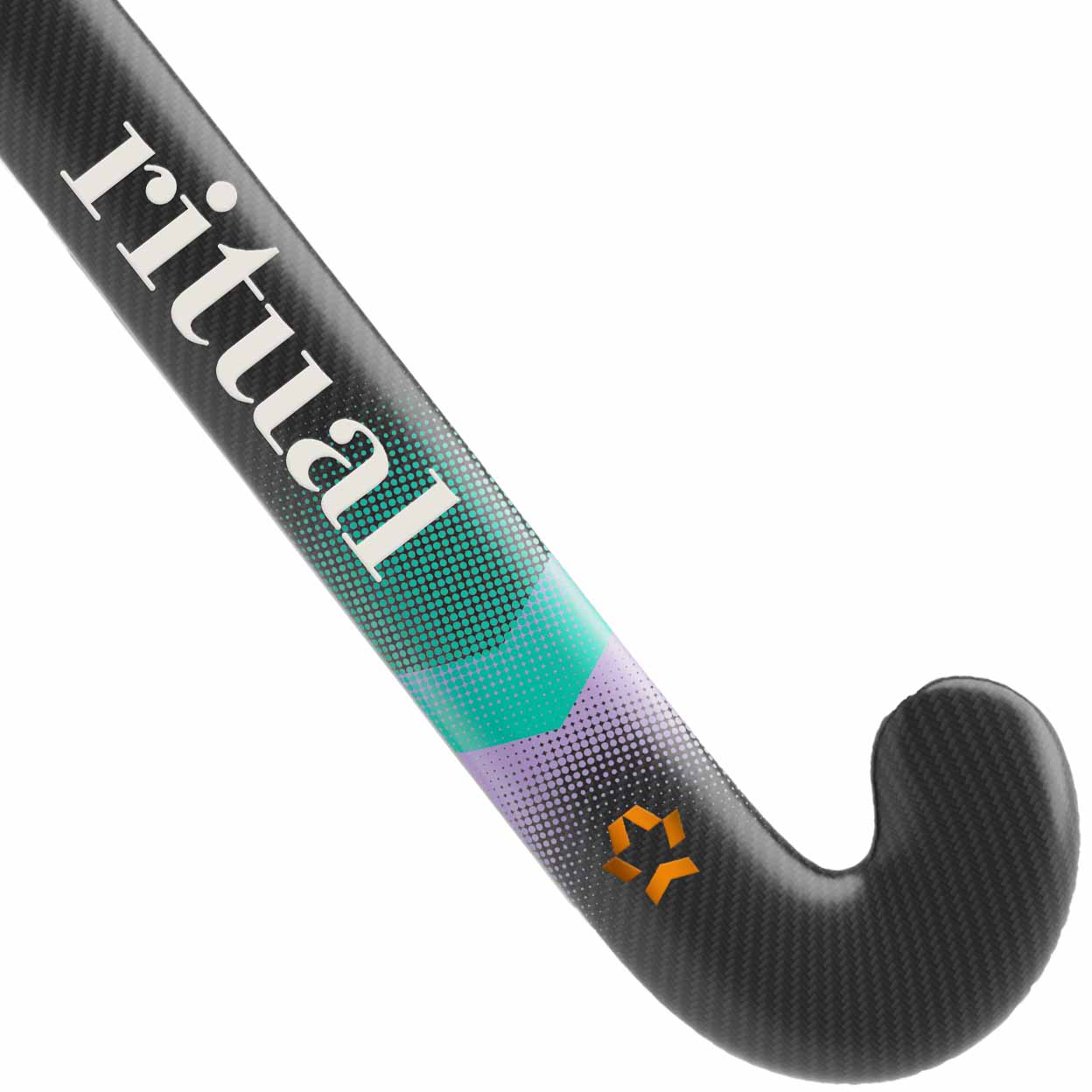 Close-up of a hockey stick with 'ritual' branding on a white background
