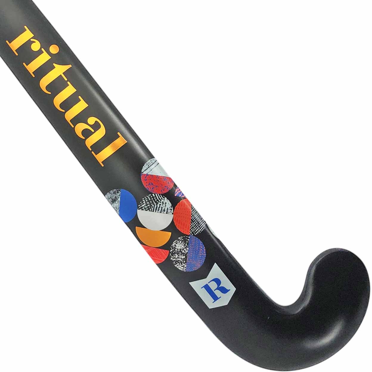 Black hockey stick with 'ritual' branding and colorful design on a white background