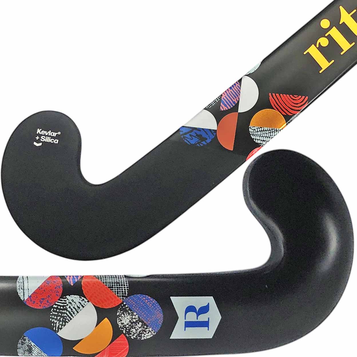 Black hockey stick with colorful pattern and brand logos on a white background