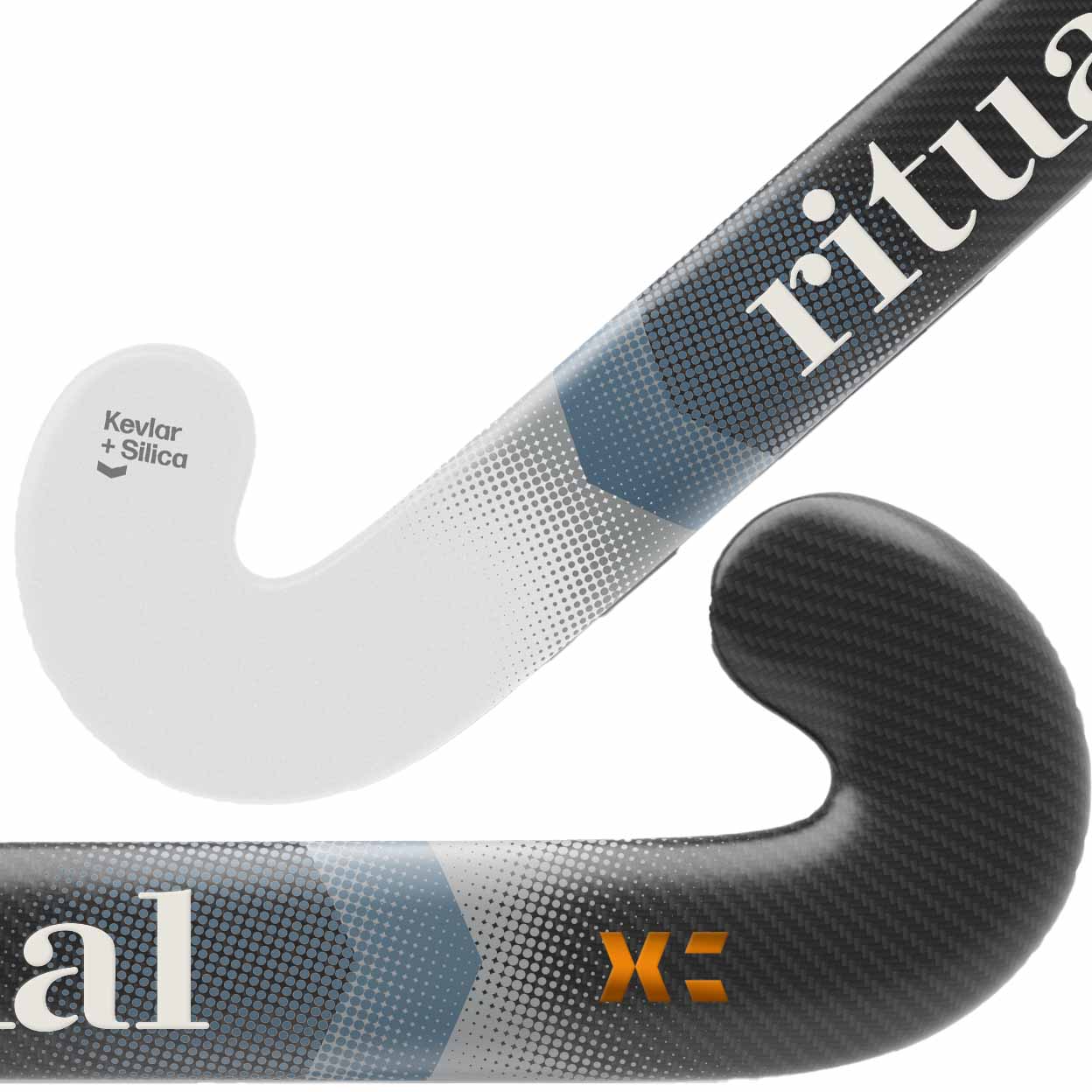 Close-up of a hockey stick with 'ritual' branding on a white background