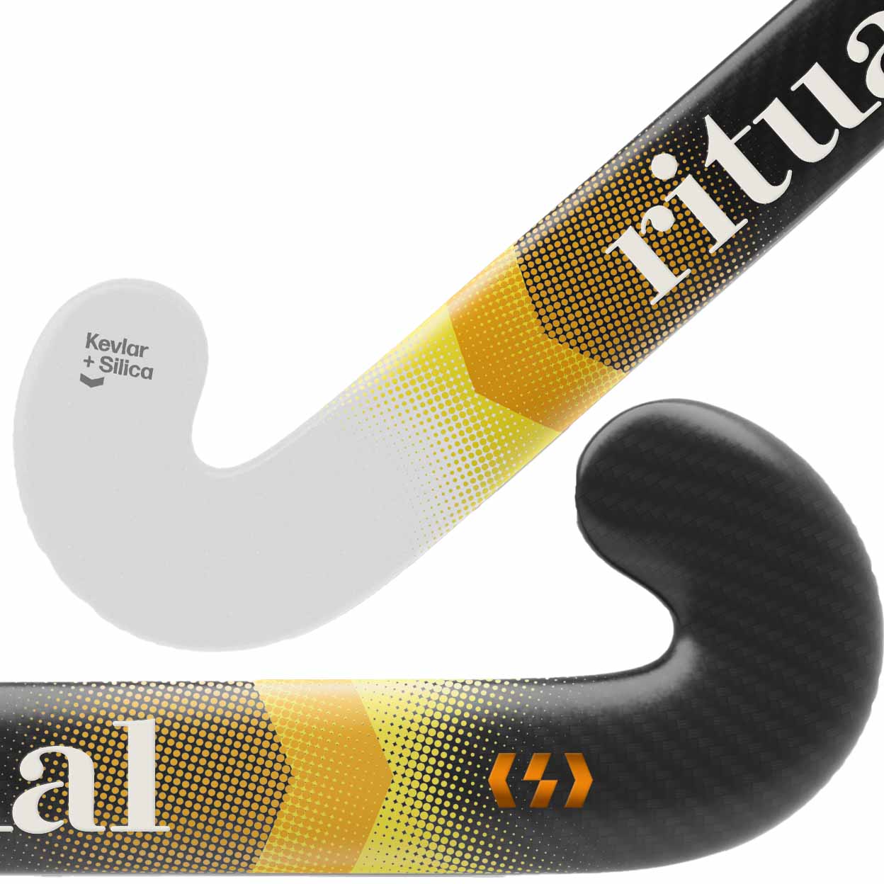 Close-up of a hockey stick with 'ritual' branding on a white background