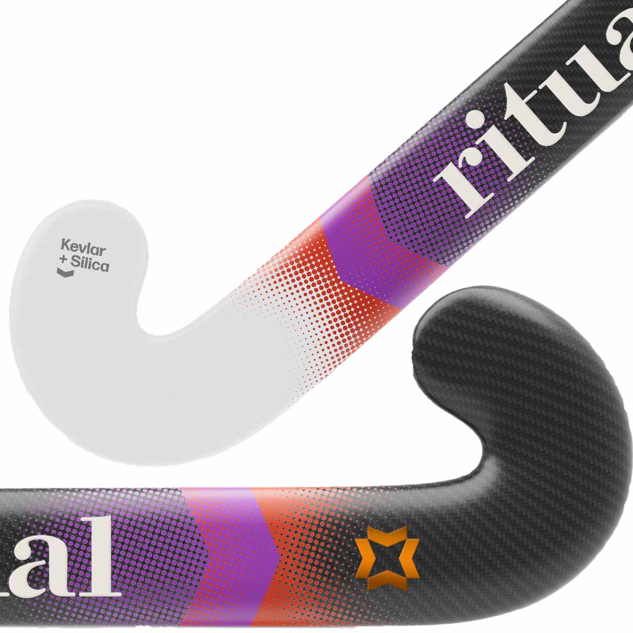Close-up of a hockey stick with visible branding on a white background