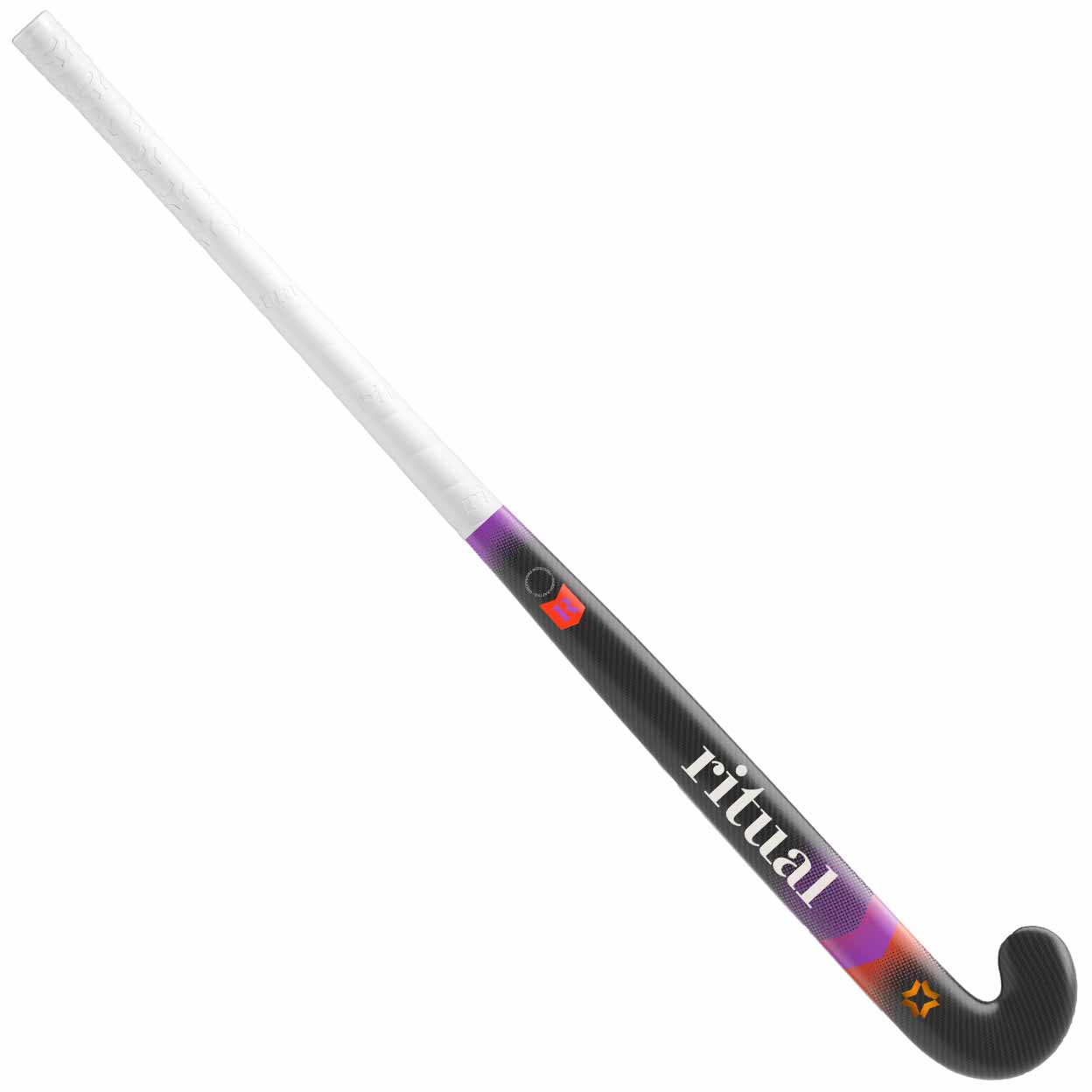 Hockey stick with white shaft and black and purple handle on a white background