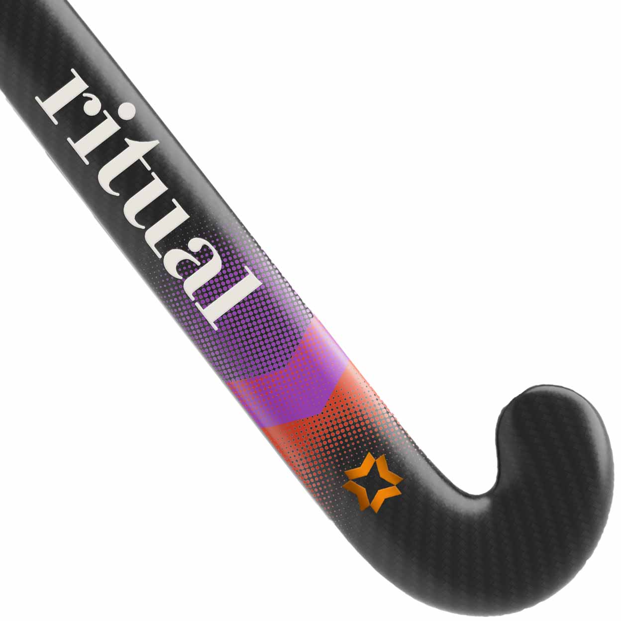 Close-up of a hockey stick with 'Ritual' branding on a white background