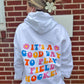 back of model showing the Field Hockey Retro Hooded Sweatshirt