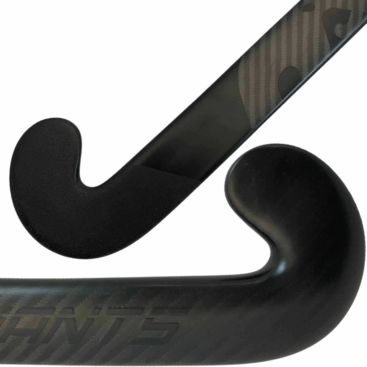 Close-up of a black hockey stick with 'black' branding on a white background