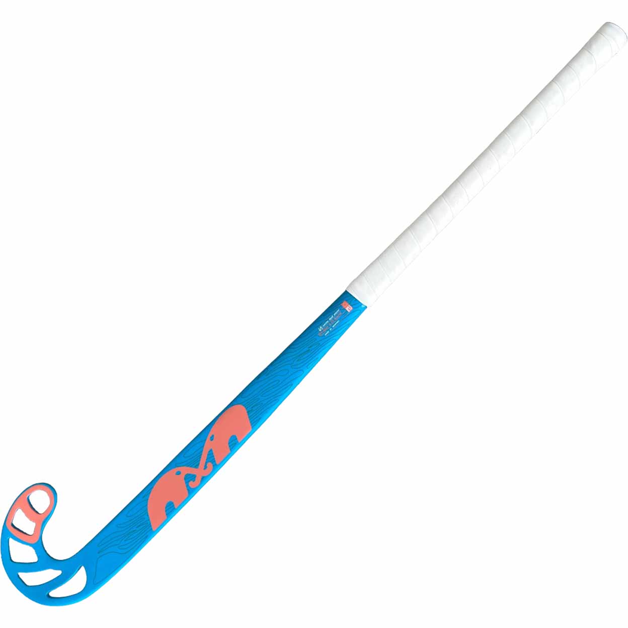 Blue and white field hockey stick on a white background