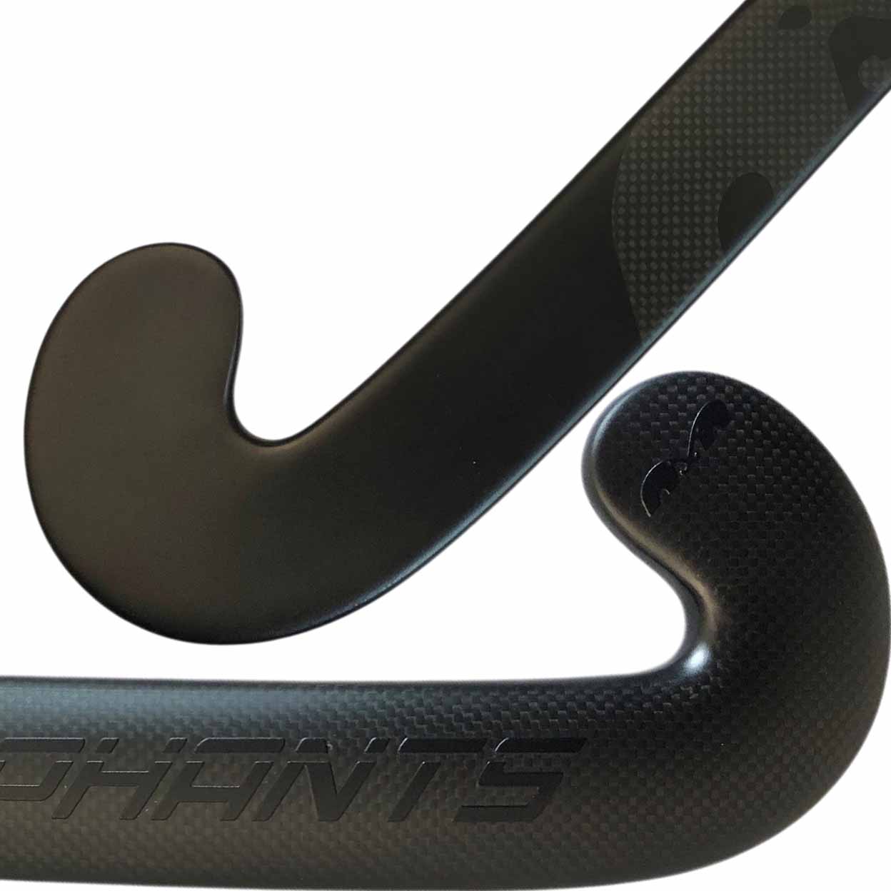 Closeup of black field hockey stick toes on white background.
