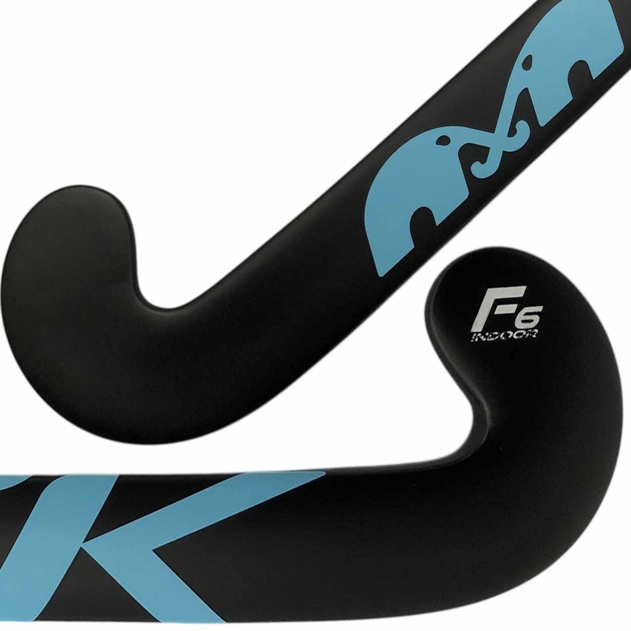Closeup of the toes of the blue and black TK F6 Control Indoor Field Hockey Stick