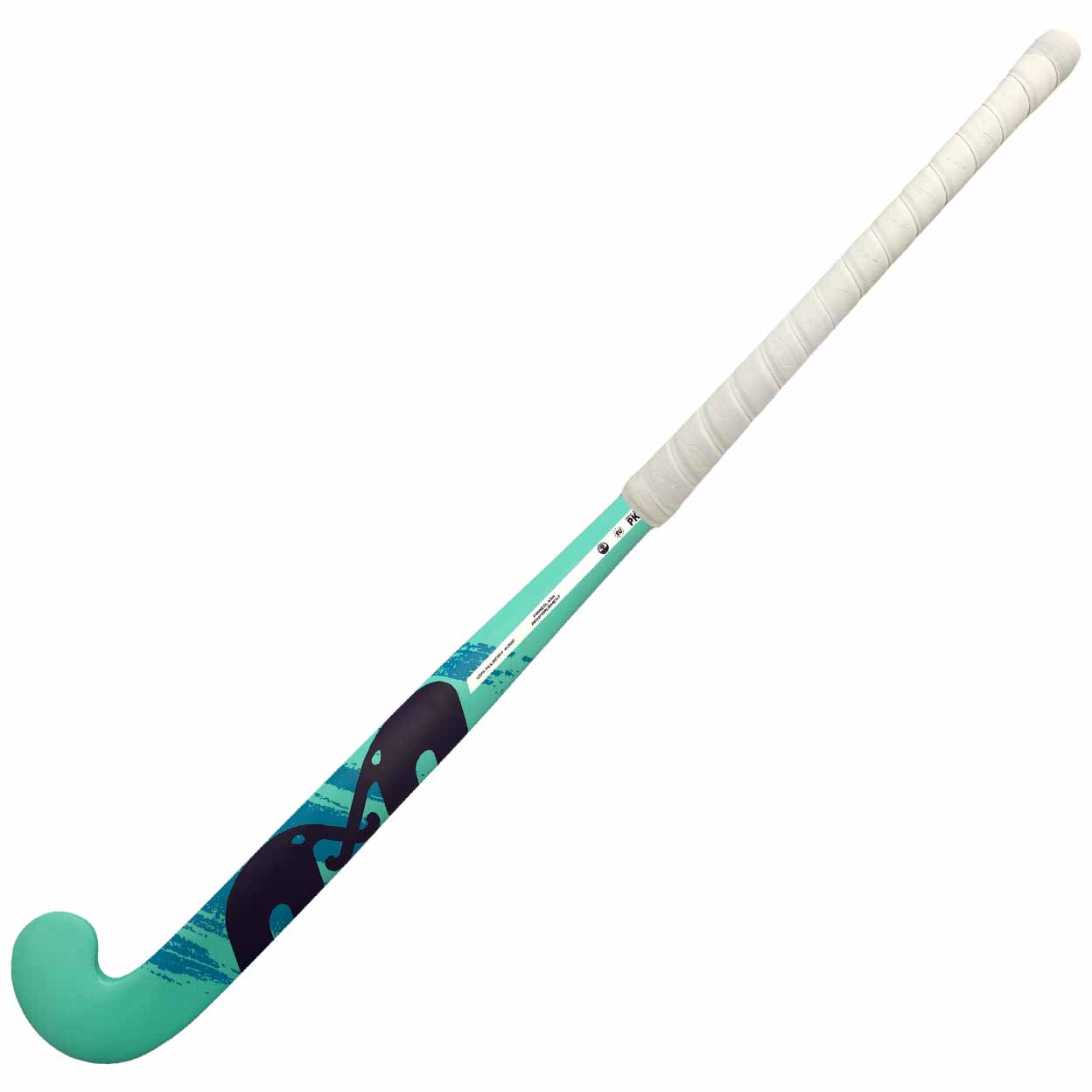 Hockey stick with teal and black design on a white background