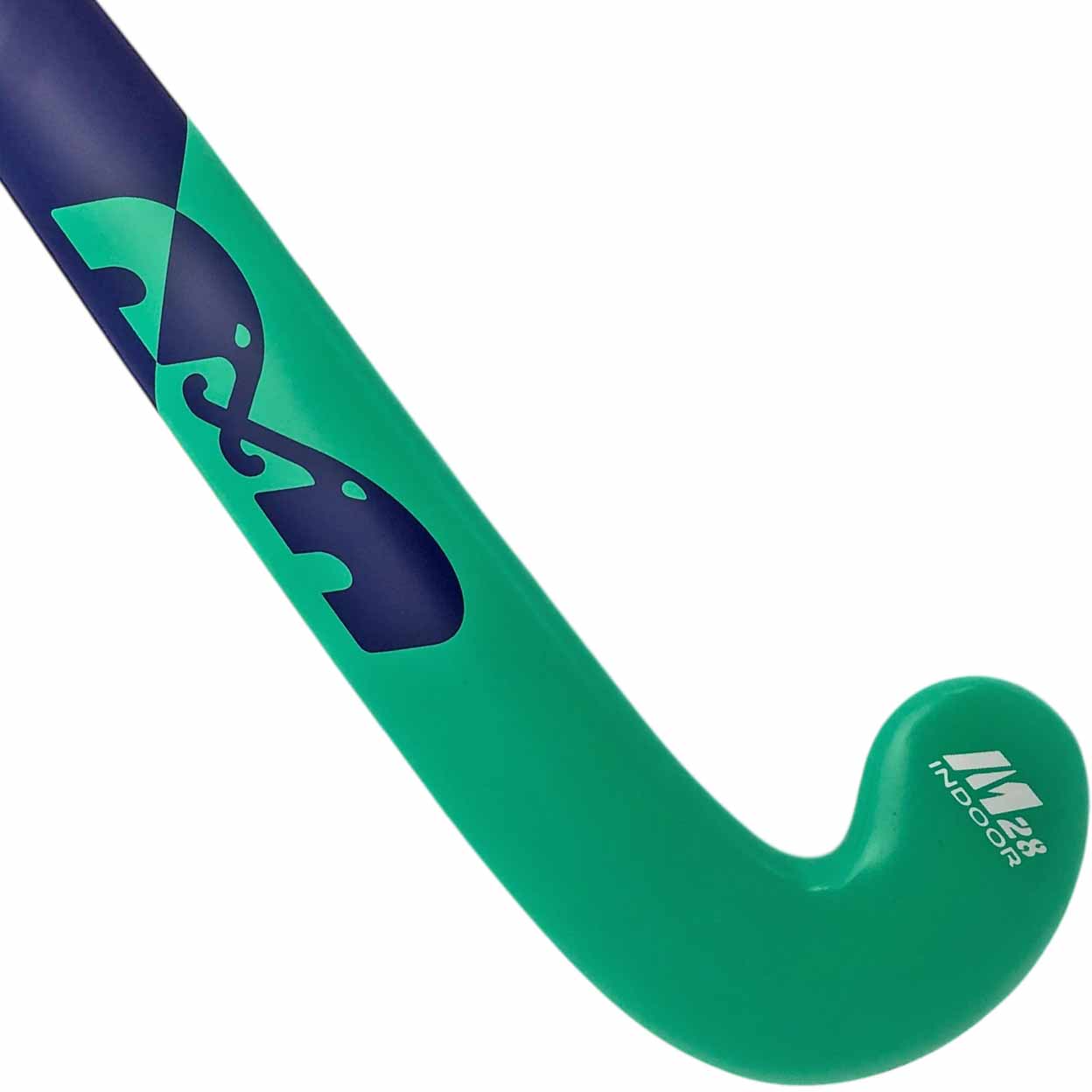 closeup of the back of the green/blue TK Maxi Indoor Wood Field Hockey Stick