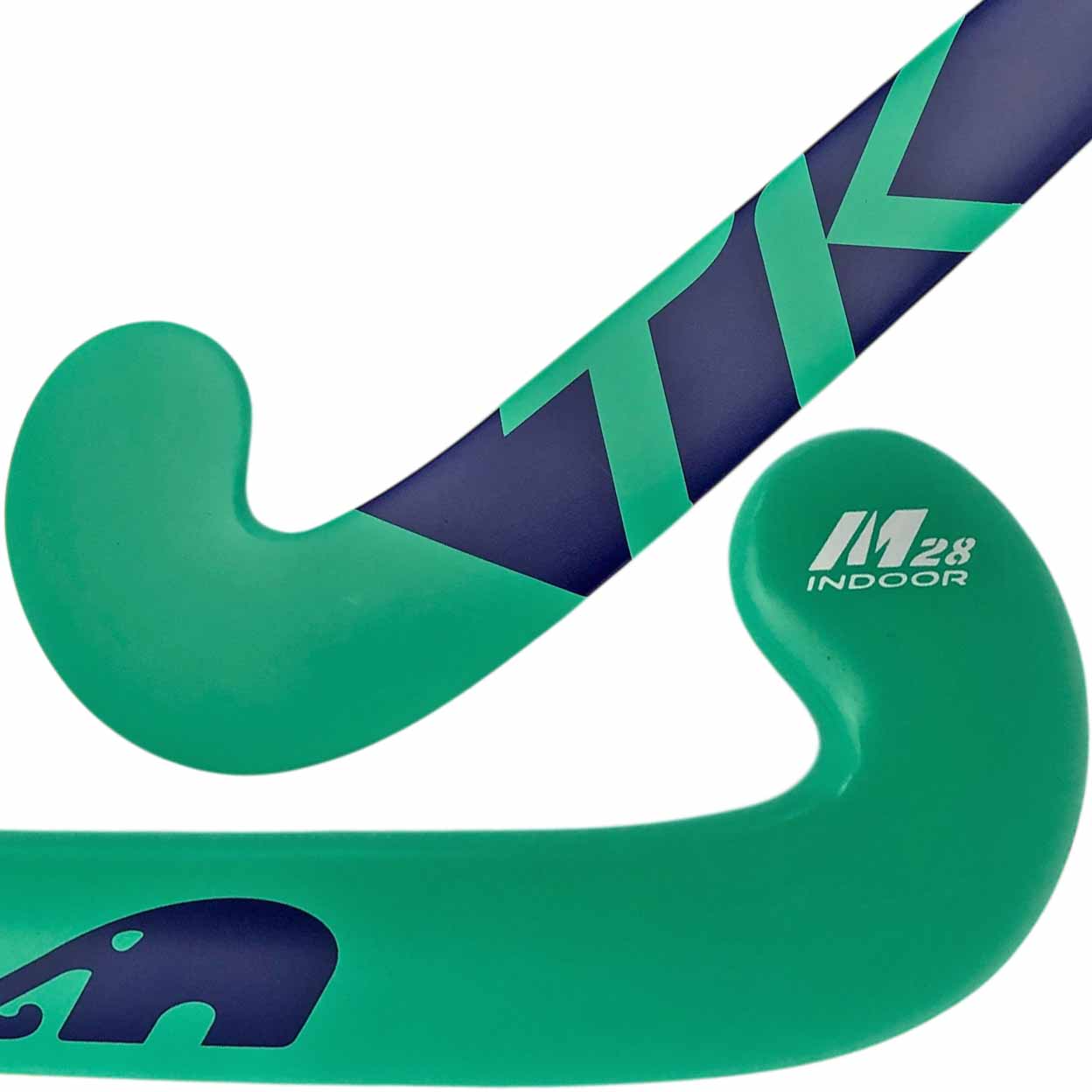 closeup of the toes of the green/blue TK Maxi Indoor Wood Field Hockey Stick