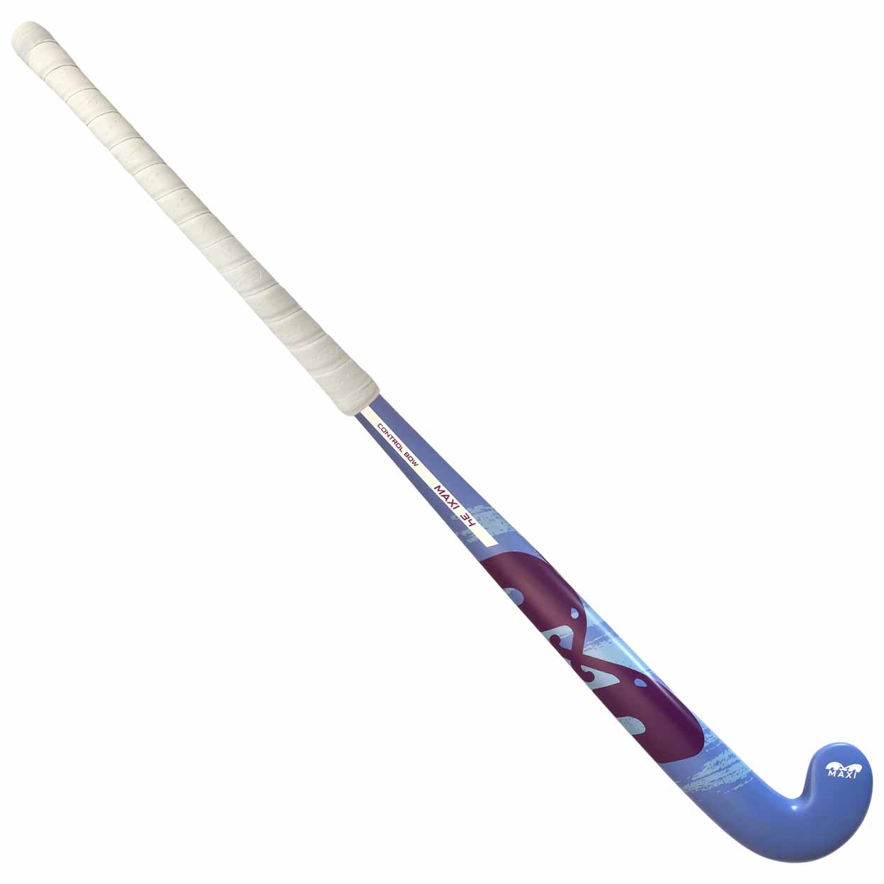 Hockey stick with blue and purple design on a white background