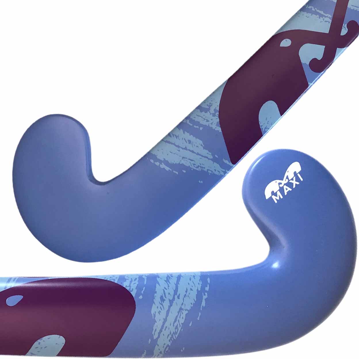 Close-up of a blue and purple sports stick with 'MAXI' branding on a white background