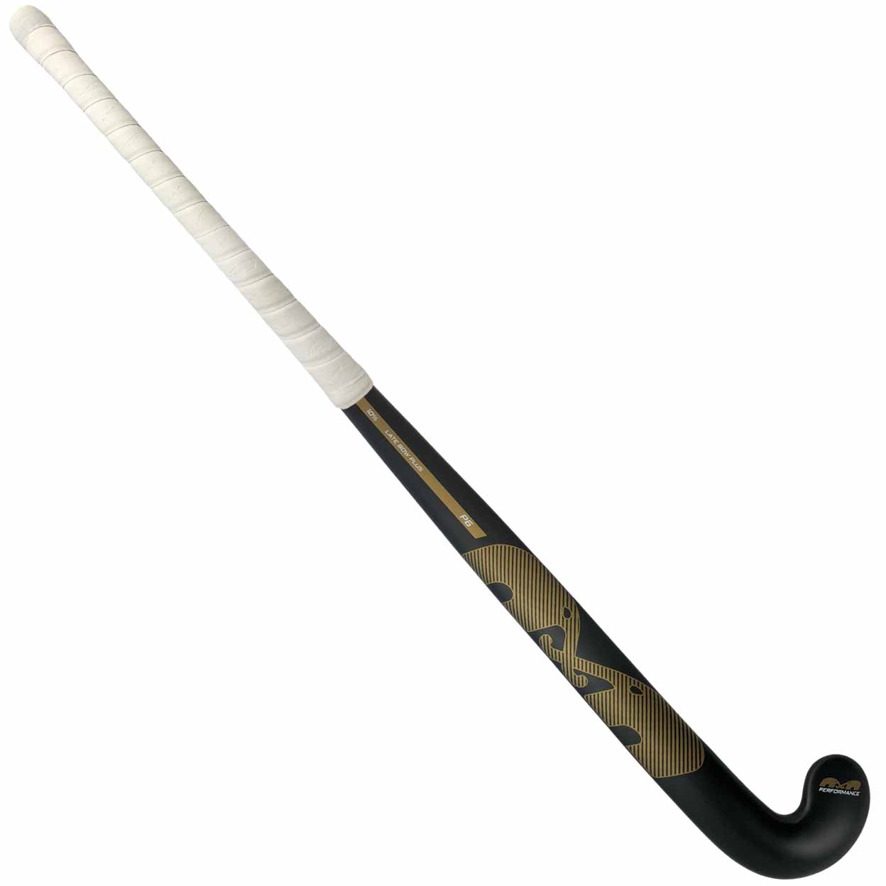 Hockey stick with black and gold design on a white background