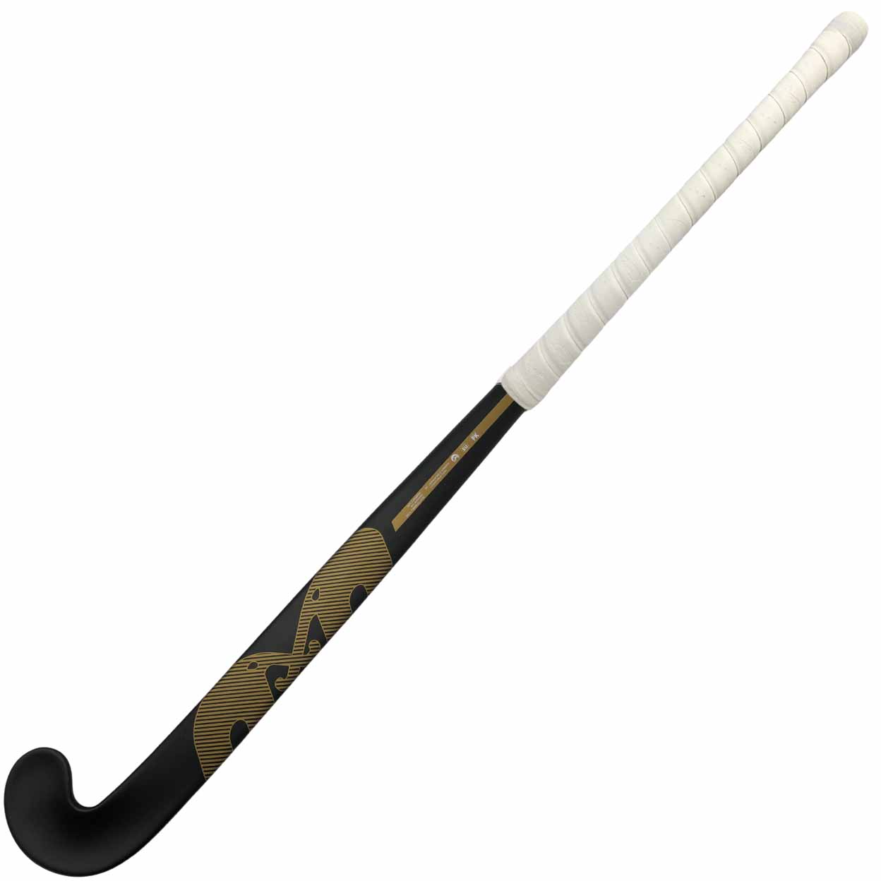 Hockey stick with black and gold design on a white background