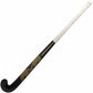 Hockey stick with black and gold design on a white background