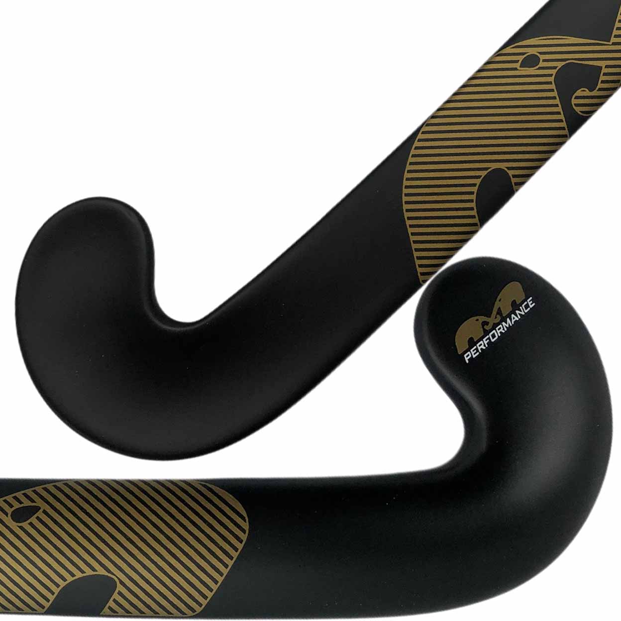 Black and gold hockey stick with 'Performance' branding on a white background