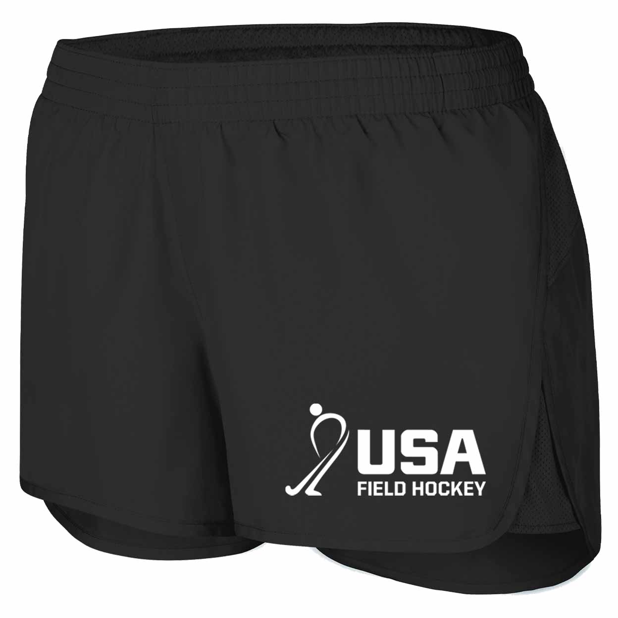 Black shorts with USA Field Hockey logo on a white background