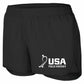 Black shorts with USA Field Hockey logo on a white background