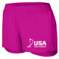 Pink shorts with USA Field Hockey logo on a white background