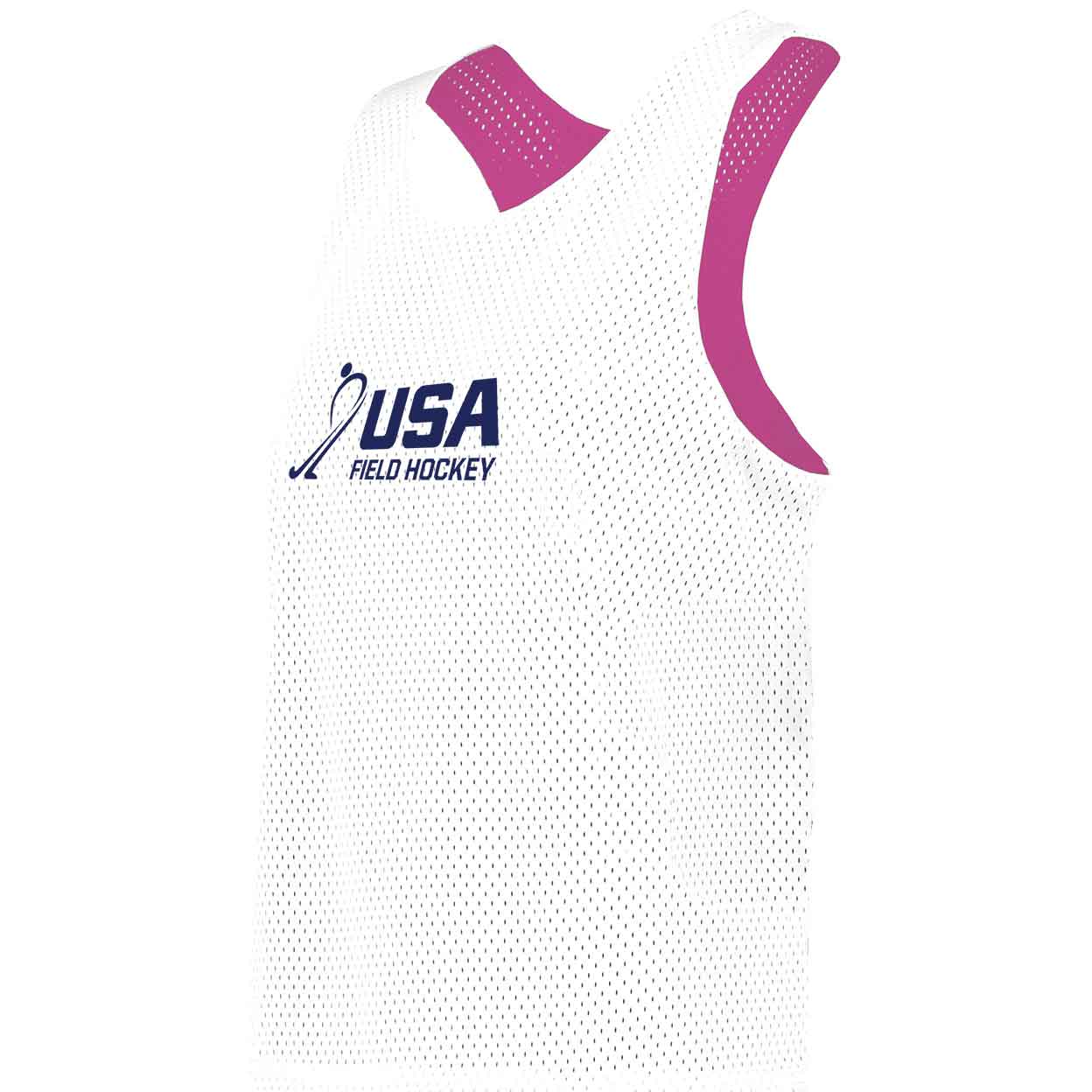 white front of the pink USA Field Hockey Ladies Mesh Reversible Pinnie