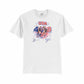 white tee shirt featuring a graphic of two field hockey players, their numbers and signatures on a white background. 