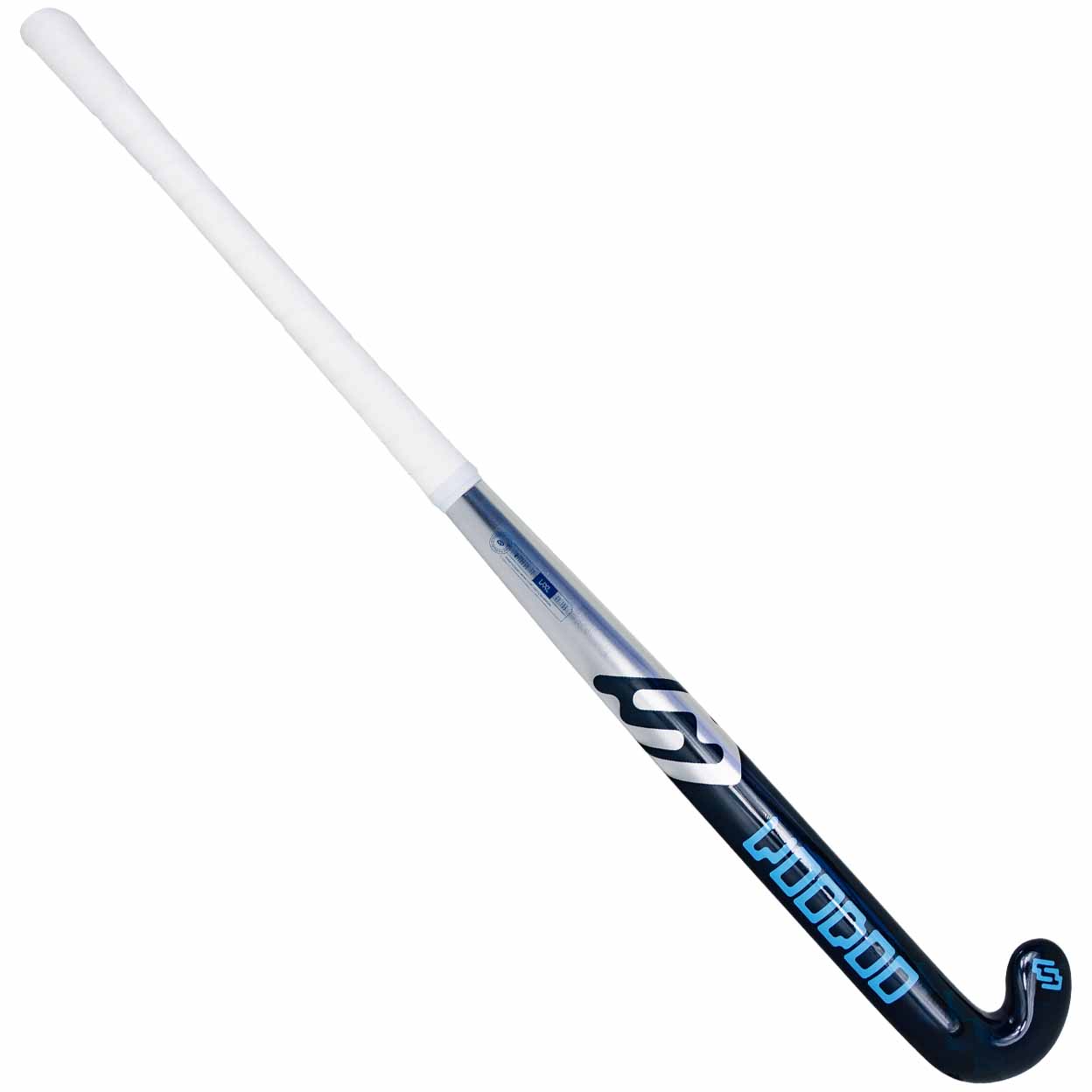 Hockey stick with white grip and black and blue on a white background