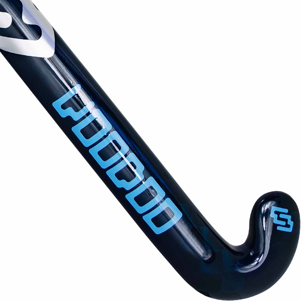 Black and blue sports stick with branding on a white background