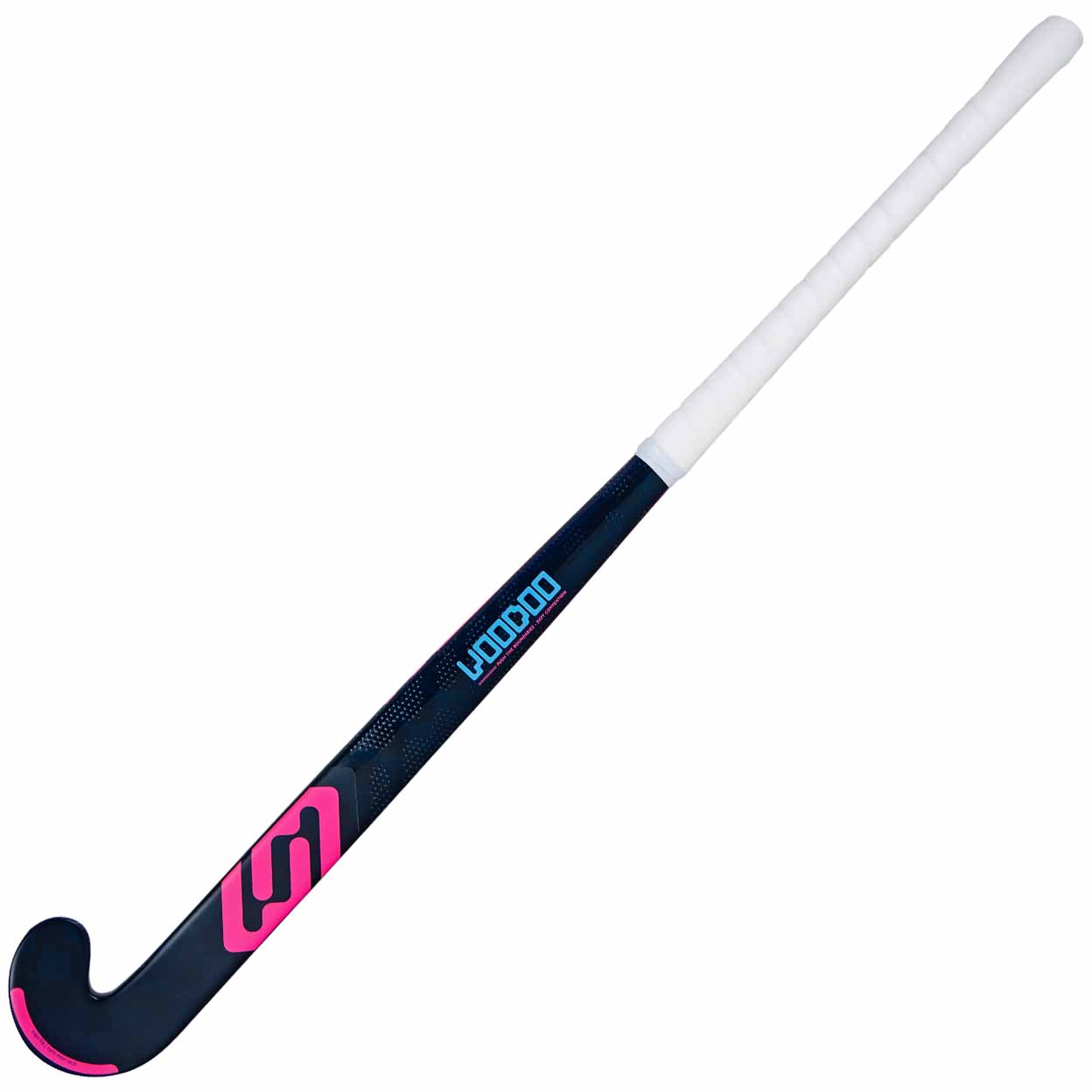 Hockey stick with blue and pink design on a white background